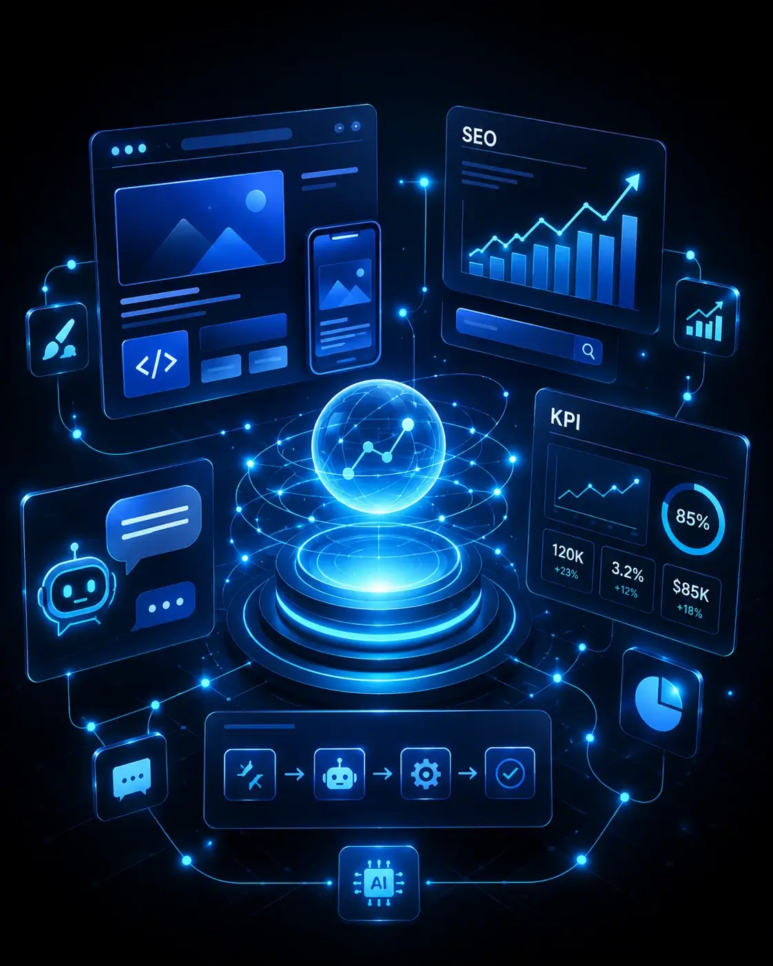 Web development, AI automation, SEO and KPI dashboards illustration
