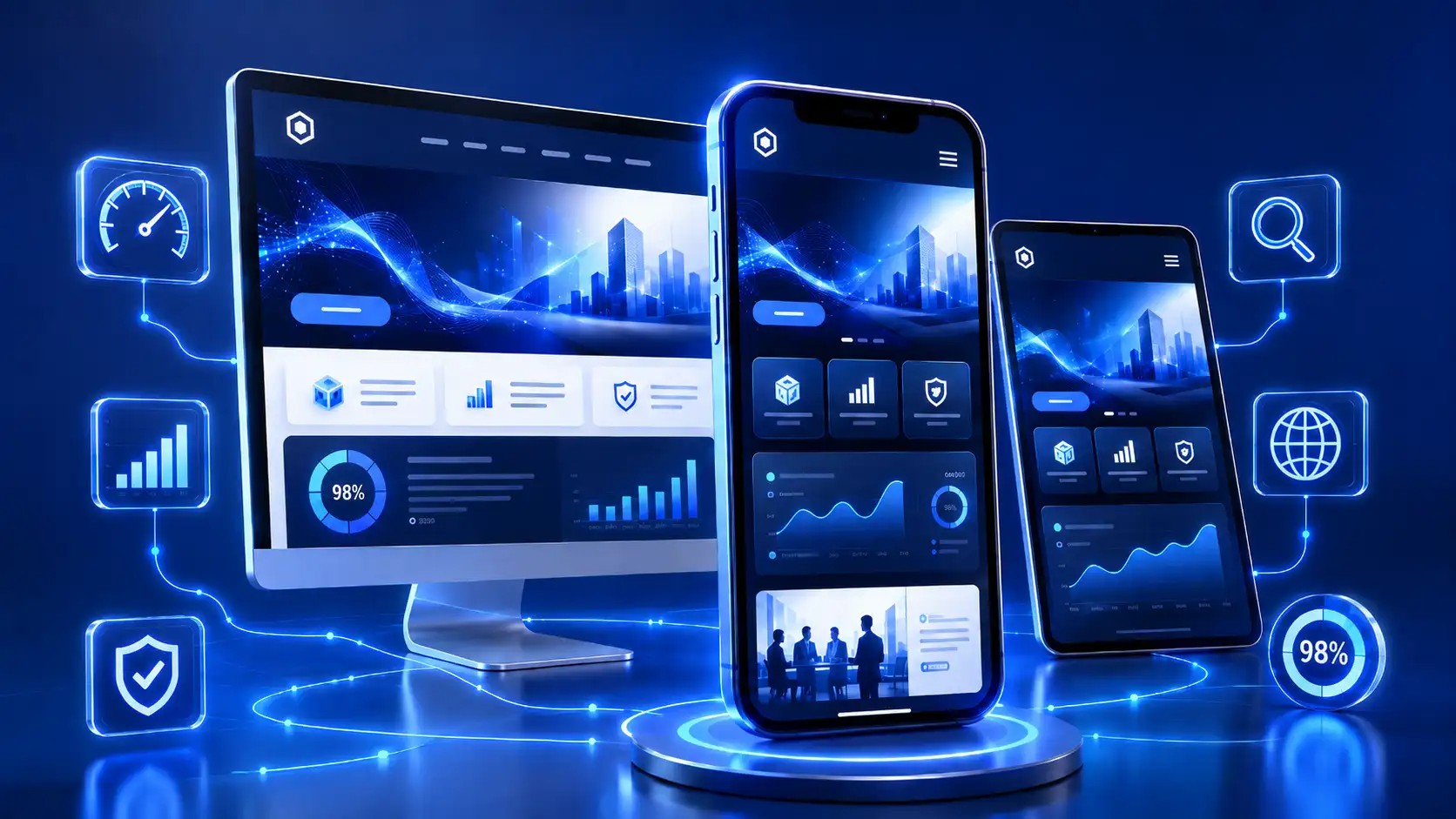 One website displayed across desktop, tablet, and mobile devices
