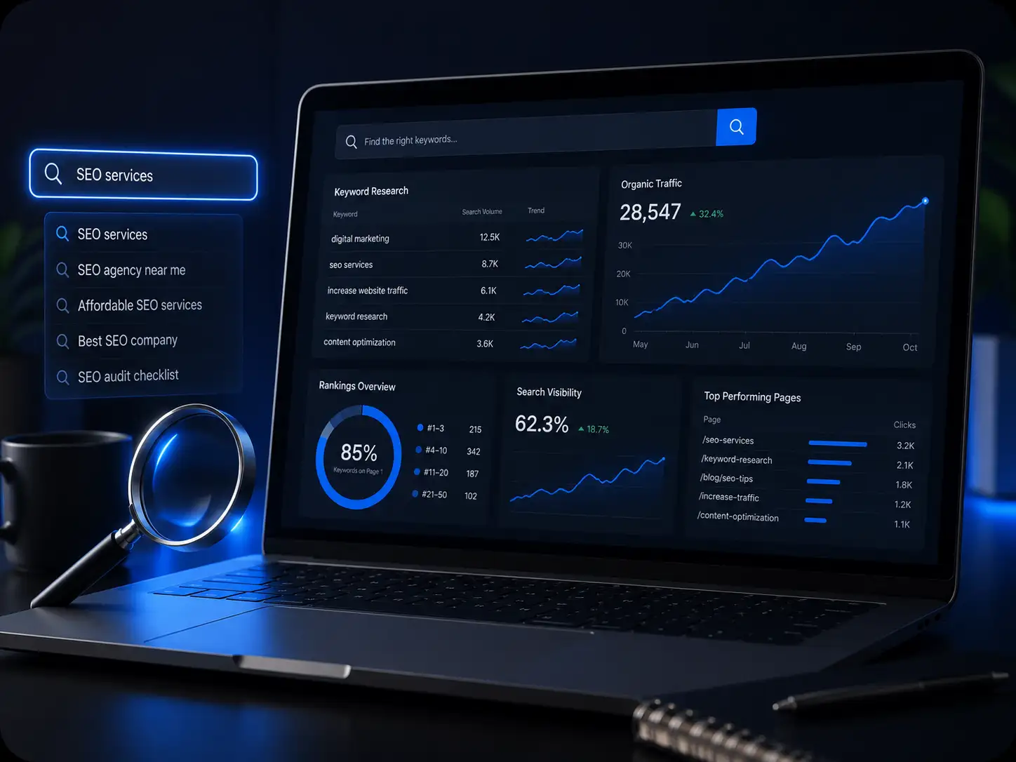Search analytics and keyword research on a laptop