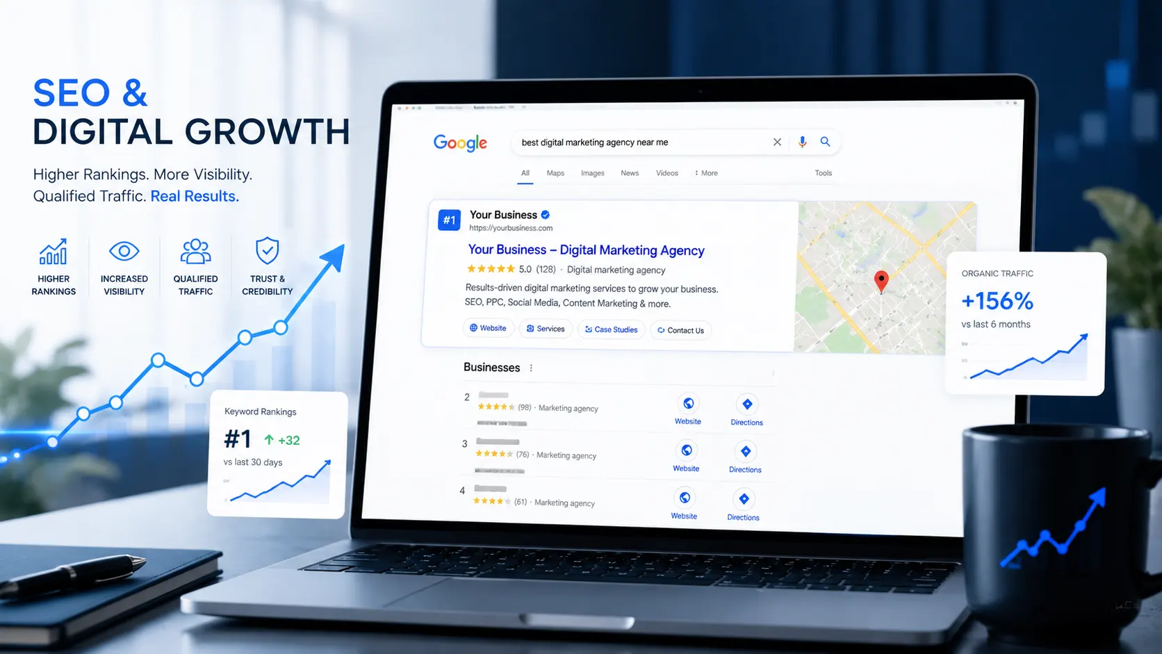 SEO y crecimiento digital — visibilidad de búsqueda y tráfico calificado