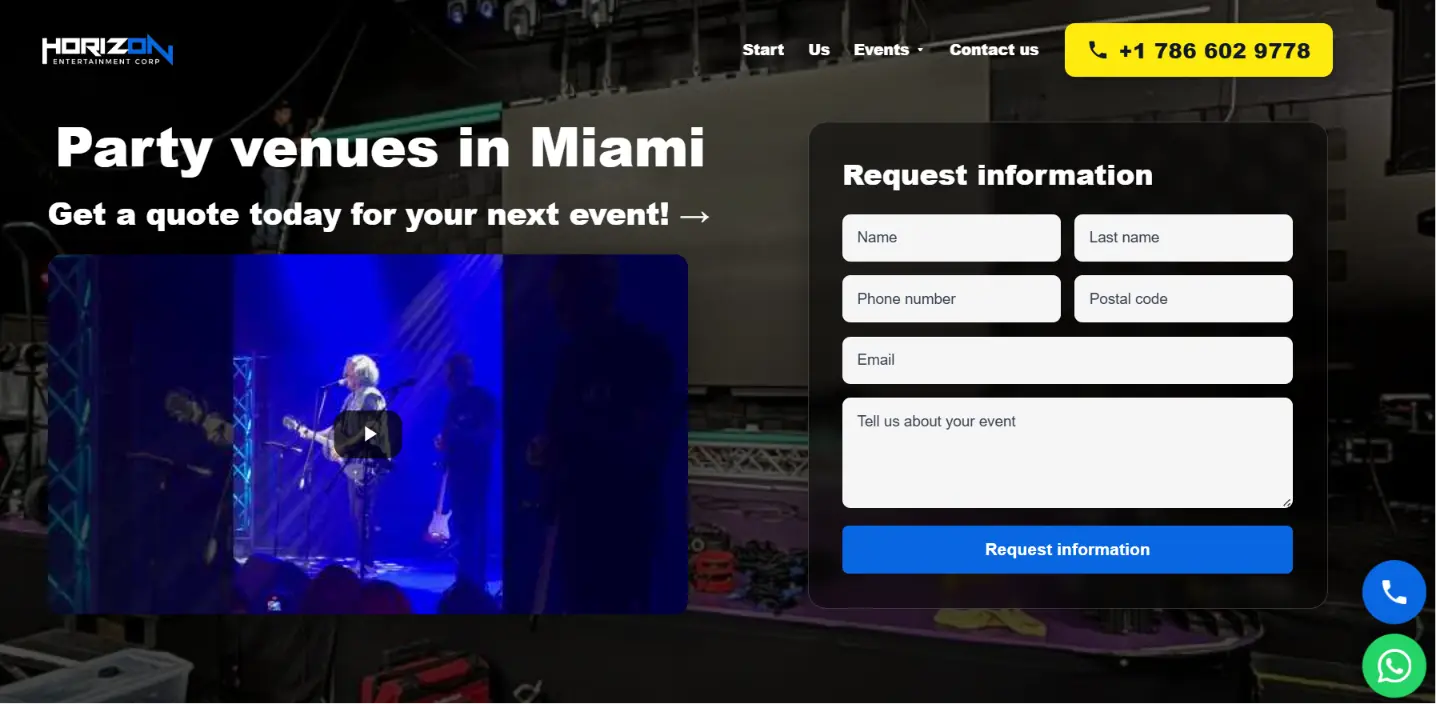 Event venue and quote-request website developed for Stage Miami Events