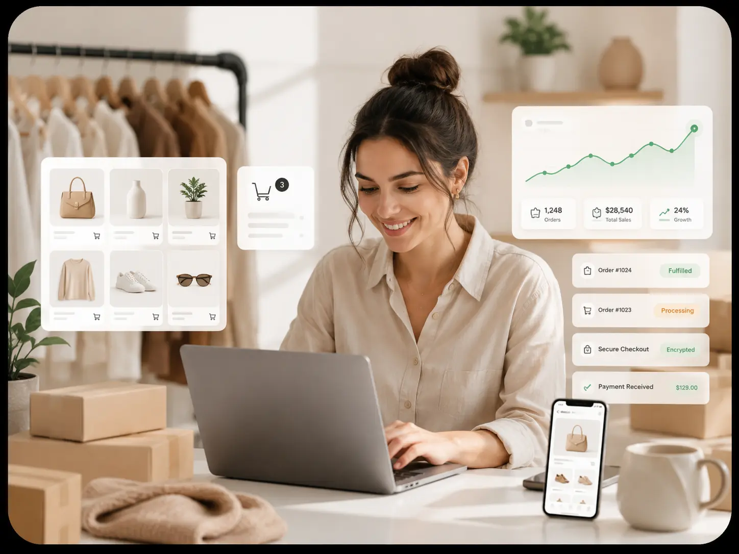 Ecommerce online store dashboard and product layout